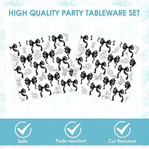 40PCS Black Bow Paper Plates and Napkins Set - Disposable Black and White birthday Party Supplies for Girls & Women, Coquette Birthday Supplies for Galentine’s Gatherings/Bridal Showers - Image 4