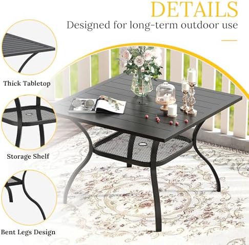 VICLLAX 5 Pieces Patio Dining Set, Outdoor Furniture Set Includes 1 Square Outdoor Table and 4 Stackable Patio Sling Chairs, Black Tabletop and Brown Fabric - Image 5