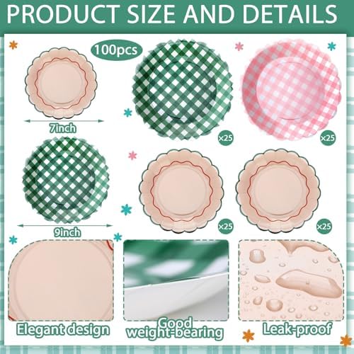 Pickmesh 100 Pcs Camp Gingham Paper Plates Disposable Round Plaid Plates - Image 2