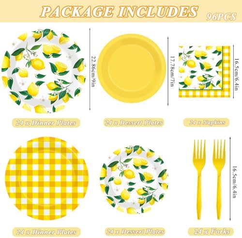 96Pcs Lemon Birthday Party Decorations Lemon Plates and Napkins Yellow Plaid Paper Plates Citrus Fruit Disposable Tableware for Summer Wedding Baby Shower Party Decoration Serve 24 Lemons - Image 2