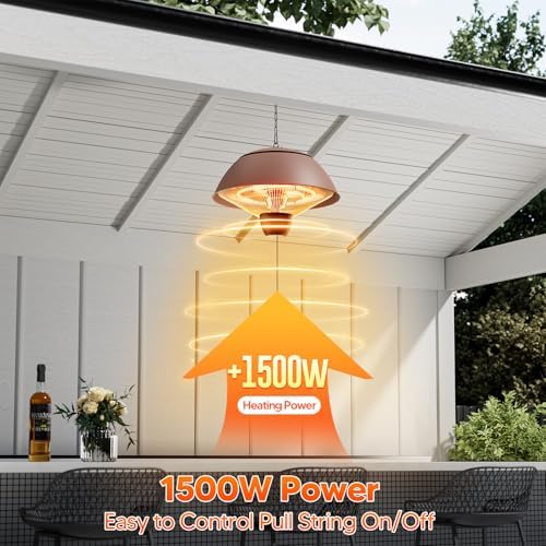 Danluke Outdoor Electric Patio Heater, 1500W Infrared Hanging Heater, Ceiling Mounted Carbon Fiber Heater for Patio, Porch, Garage and Balcony, Brown - Image 3