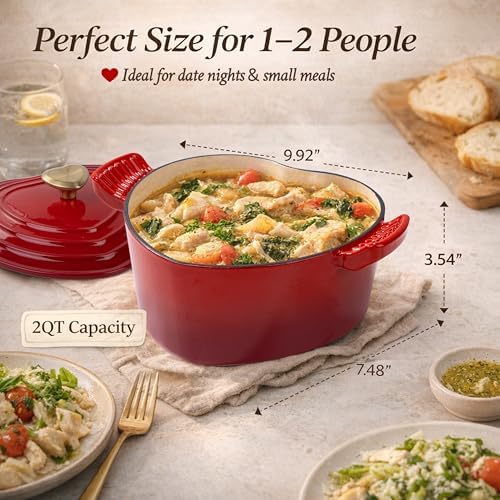 Mabeeze Heart Shaped Dutch Oven, Enameled Cast Iron, 2 Qt Red - Image 2