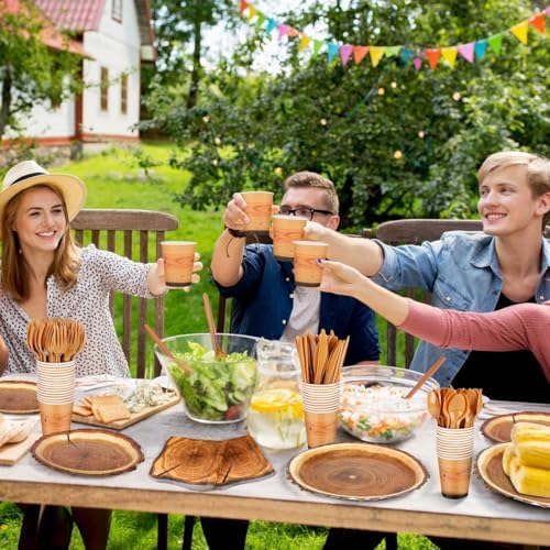 durony 350 Pieces Camping Wood Grain Slice Tableware Set Rustic Camo Hunter Plates Napkins Cups Cutlery Hunting Birthday Party Decorations Lumberjack Dinner Camping Party Decorations Serve 50 Guests - Image 5