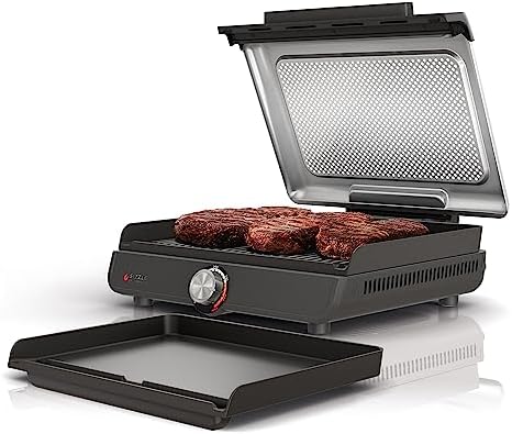 Ninja GR101 Sizzle Smokeless Indoor Grill & Griddle, 14′′ Interchangeable Nonstick Plates, Dishwasher-Safe Removable Mesh Lid, 500F Max Heat, Even Edge-to-Edge Cooking, Grey/Silver (Renewed) by Amazon+Renewed