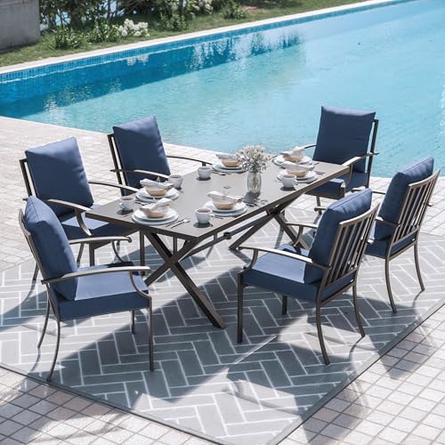 ALAULM 7-Piece Patio Dining Table and Chairs Outdoor Dining Set for 6 Patio Dining Sets with Rectangular Metal Table with Umbrella Hole for Patio, Backyard, Garden-DarkBlue by ALAULM
