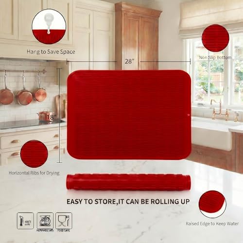 MicoYang Silicone Dish Drying Mat for Multiple Usage,Easy clean,Eco-friendly,Heat-resistant Silicone Mat for Kitchen Counter or Sink,Refrigerator or Drawer Liner Red 3XL 28 inches x 18 inches - Image 2