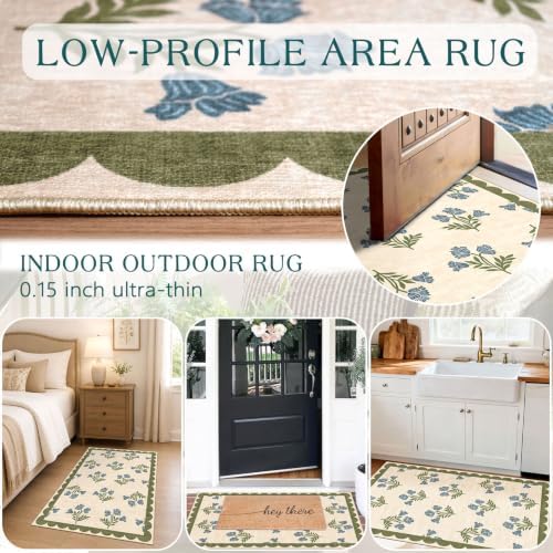 Floral Outdoor Rug - 28" x 43" Front Door Mat Indoor Outside Entrance Non-Slip Washable Outdoor Mat Sage Blue Spring Scalloped Rug for Entryway Kitchen Bedroom Layered Doormat for Front Porch - Image 5