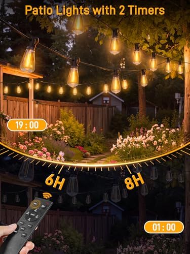 Guhope Outdoor String Lights Dimmable with Remote, 100 FT Outdoor Lights with 2 Timer and 3 Mode, Waterproof & Shatterproof Patio Lights, 2200K Energy Saving String Lights 3 Spare Bulbs for Patio Yard - Image 2