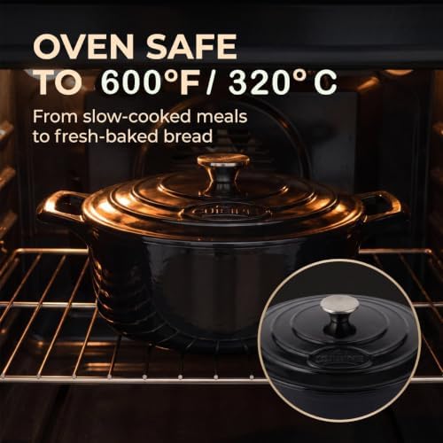 La Cuisine Enameled Cast Iron Dutch Oven Casserole Pot with Lid, Internal Matte Black Enamel Coating 5 QT 10.5" / 26cm Ø For GalssTop Stove, Oven-Safe 550°F/276°C Glossy Black - Image 4