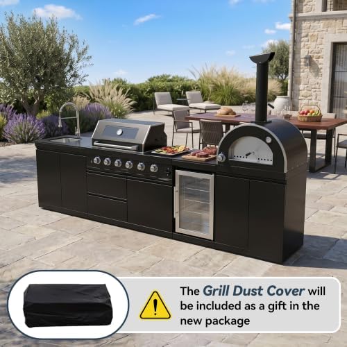 125" Black Outdoor Kitchen Island, 4-Burner Propane Grill Pizza Oven Fridge - Image 5