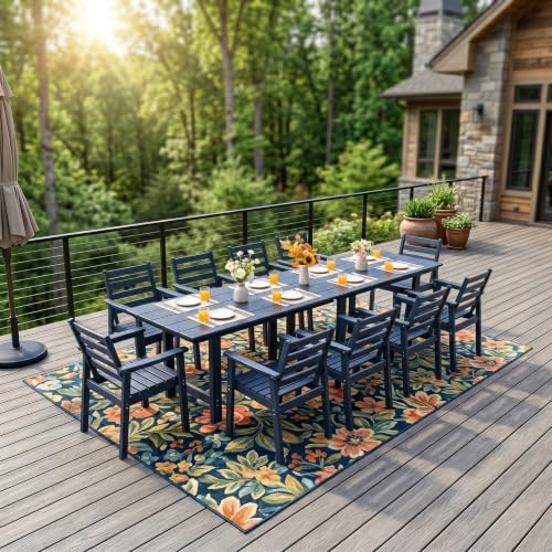 12-Piece Outdoor Dining Set, All-Weather HDPE Patio Furniture, Two 66.5" Slatted Table with 1.6" Umbrella Hole & 10 Ergonomic Armchairs, Heavy Duty 350lbs Capacity, UV Resistant, Blue - Image 6