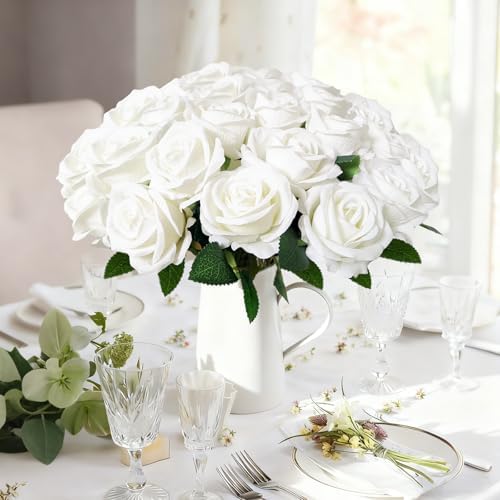 100Pcs White Roses Artificial Flowers with Stems，Fake Roses Bouquet Fake Flowers Bulk，Silk Velvet Roses for Wedding Centerpieces Arrangement Baby Shower Birthday Home Decor Gifts - Image 3