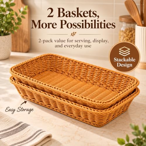 2 Pack Wicker Bread Baskets, 14 Inch Rectangular Serving Trays - Image 4