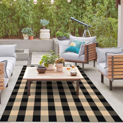 IOHOUZE 5x7 Buffalo Plaid Area Rug, Washable Indoor Outdoor, Tan Black by iOhouze