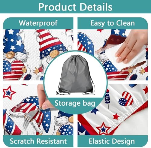4th of July Picnic Table Cover with Bench Covers, Camping Essentials, Patriotic American Flag Gnomes Stars Table Cover Waterproof Fitted Tablecloth Cover with Elastic Edge for Outdoor 3 PCS 30x72 Inch - Image 6