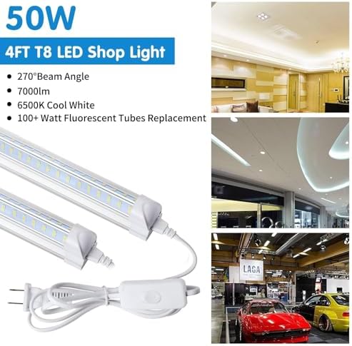 Led Shop Lights,Led Shop Lights 4FT 50W 6500K 7000LM Clear White,Shop Light 4FT 110V Linkable Integrated V-Shape for Shop Garage,Warehouse,Workbench and Workshop Commercial Bay Lighting(6-Pack) - Image 2