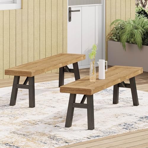 70.5'' Outdoor Patio Dining Table & 2 Bench for 4, Acacia Wood Farmhouse Dining Table Set Outdoor & Indoor Furniture for Patio Porch Garden, H-Shaped Base, 3-Pcs, Light Brown - Image 6
