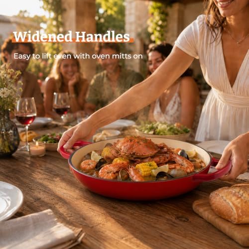 Parmedu Cast Iron Dutch Oven, 3.8 Quart, Red, Shallow Braiser & Casserole - Image 7