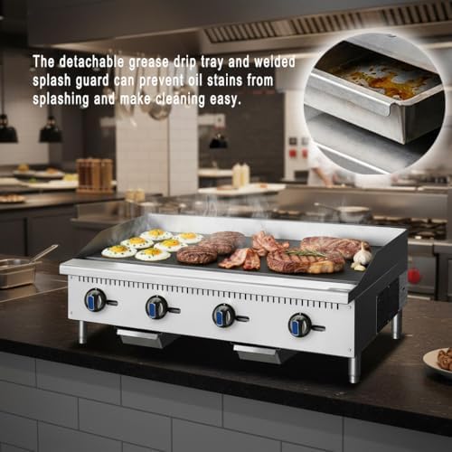 Commercial Natural Gas Propane Griddle, 48 in. 4-Burner, Adjustable Temp 122℉-572℉, 120,000 BTU, Stainless Steel - Perfect for Outdoor Cooking and BBQ - Image 4