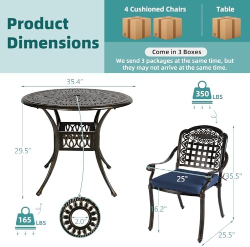 MEETWARM 5 Piece Patio Dining Set, Outdoor All-Weather Cast Aluminum Dining Table Set, Patio Furniture Set for Backyard, Include 4 Chairs with Cushions and a 35.4" Round Table, Navy Blue - Image 5