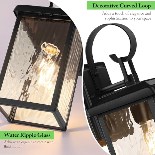 BesLowe 2-Pack Outdoor Wall Light Fixtures with Water Ripple Glass, Black - Image 4