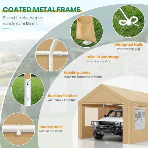COBIZI 10x20 FT Heavy Duty Carport with Galvanized Frame & Sandbags, Khaki - Image 5