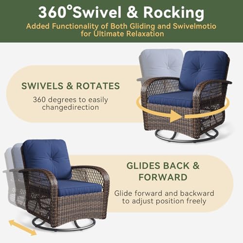 Aoxun 3 Pieces Patio Furniture Set, Patio Swivel Rocker Chairs Set of 2, Wicker Outdoor Bistro Set with Rocking Chair, Thickened Cushions and Table for Porch (Blue) - Image 3