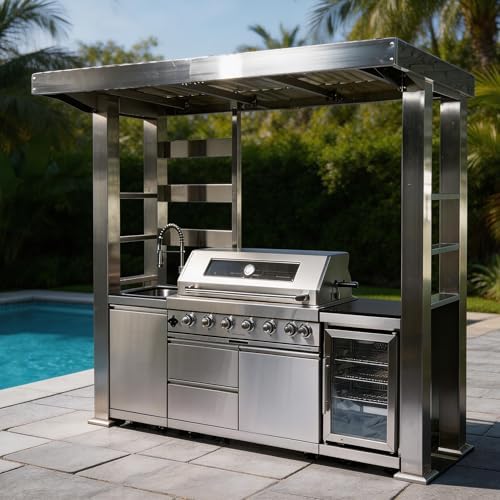94-Inch 6-Burner 85000 BTU Natural Gas Outdoor Kitchen Grill Island with Shed, 304 Stainless Steel Silver, Wine Cooler, Rotisserie, Black Granite Countertops & Sink for Backyard BBQ by Dvasovio