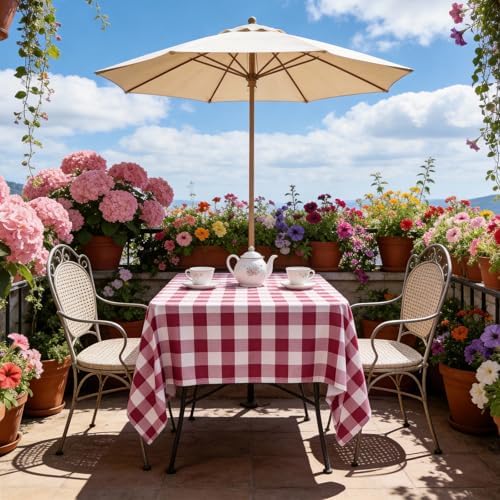 SquarePie Outdoor Tablecloth with Umbrella Hole and Zipper Rectangle Waterproof Gingham Table Cloth Spillproof Table Cover for Camping Picnic Patio Poolside Garden BBQS, 52x70 Burgundy Red Checkered - Image 6