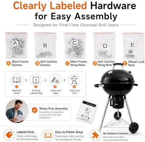 18-Inch Kettle Charcoal Grill with Lid, Porcelain-Enameled BBQ Grill with Built-in Thermometer, Adjustable Air Vents, Removable Ash Catcher, Wheels for Backyard BBQ, Patio & Outdoor Cooking - Image 3