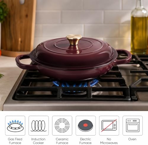 Dutch Oven Enameled Cast Iron with Lid - Big Dual Handles - Oven Safe up to 500°F - Classic Round Pot for Versatile Cooking 3 QT Shallow Pot Fig - Image 4