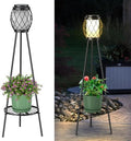 MXwcy 2-in-1 Solar Lights Outdoor with Plant Stand, Waterproof Vintage Solar Floor Lamp & Metal Planter Holder, Tall Geometric Lantern Tripod for Patio, Garden, Yard, Porch Decor (2 Pack) by MXwcy