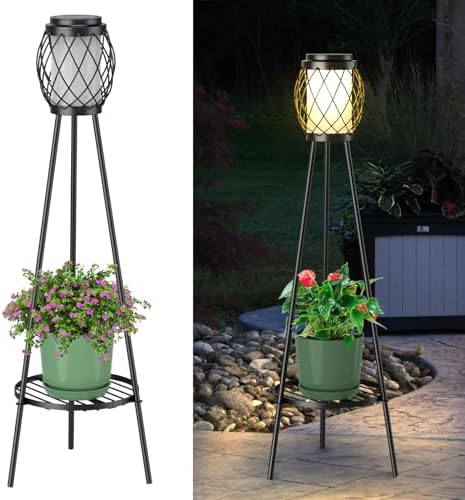 MXwcy 2-in-1 Solar Lights Outdoor with Plant Stand, Waterproof Vintage Solar Floor Lamp & Metal Planter Holder, Tall Geometric Lantern Tripod for Patio, Garden, Yard, Porch Decor (2 Pack) by MXwcy