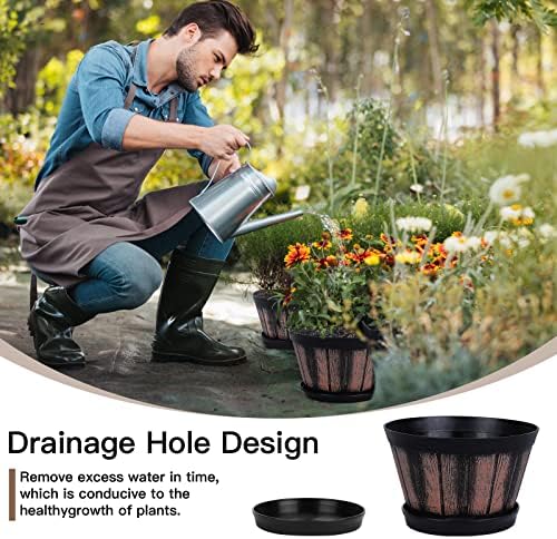 Quarut 6 inch Brown Barrel Planters with Drainage Holes & Saucer, Set of 4, Indoor & Outdoor Garden Home Plants - Image 3