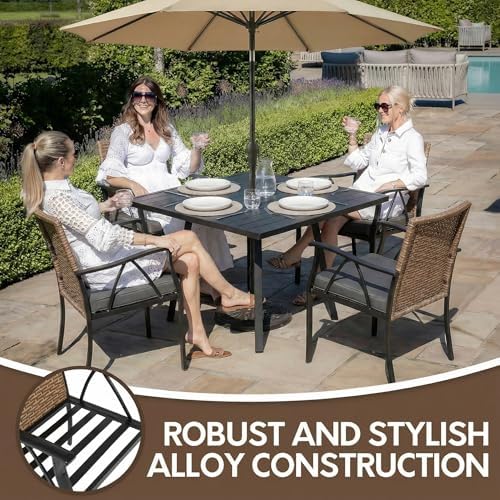 5-Piece Patio Dining Set for 4, Outdoor Dining Set with 4 Wicker Patio Dining Chairs with Cushions & 1 Black Square Woodgrain Dining Table with 1.75" Market Umbrella Hole, Black & Brown - Image 5