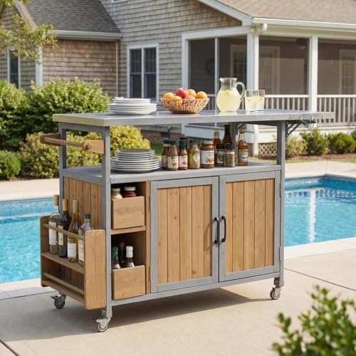 54" Farmhouse Rolling Outdoor Kitchen Cart with Stainless Top - Image 3