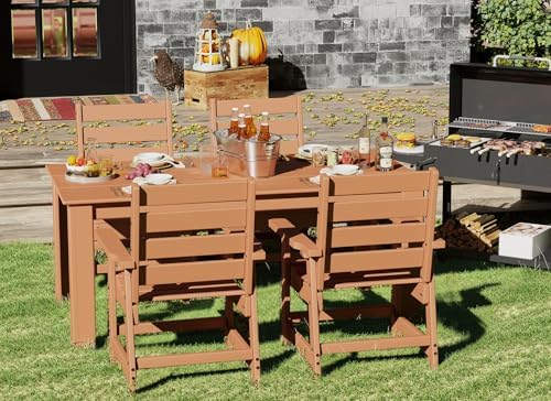 GREENVINES HDPE Outdoor Dining Table w/Umbrella Hole for 6, Teak - Image 4