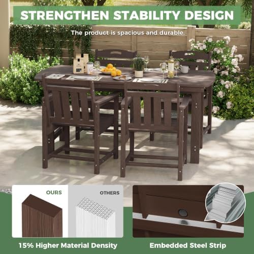 HDPE Outdoor Dining Set, Patio Table and 4 Chairs, 2" Umbrella Hole, Brown - Image 4