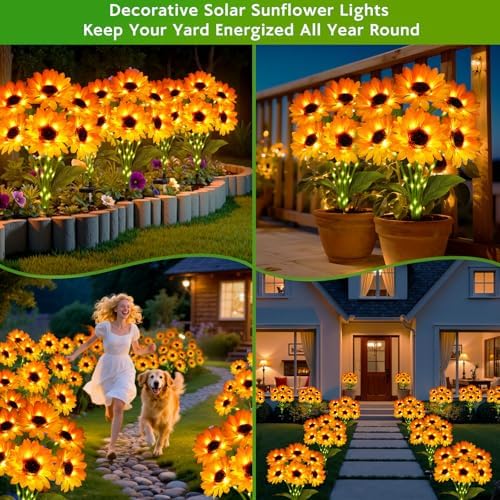 Solar Sunflower Lights Outdoor Garden Decor, 4 Pack Solar Flowers Lights with 24 Sunflowers, Waterproof Fall Decor Stake Decorative Light Auto ON/Off for Garden Yard Patio, Gift for Women - Image 6