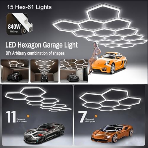 61Lights LED Hexagon Garage Lights,15-Hex Honeycomb Lights 68800Lumens Hexagon DIY Super Bright Car Detailing Ceiling 688W LED Shop Light for Warehouse Workshop Gym Basement - Image 3