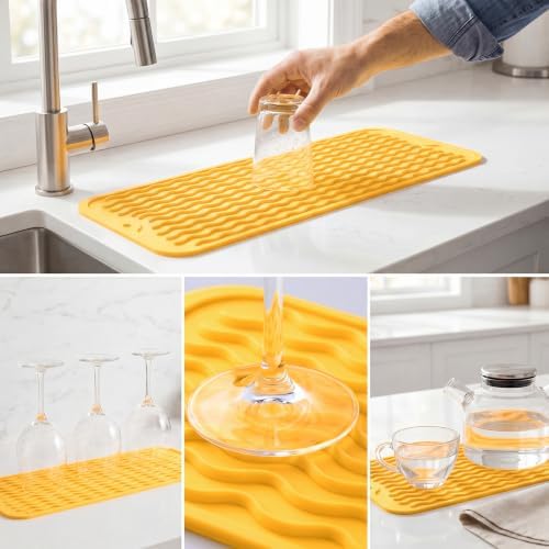 MicoYang Silicone Dish Drying Mat for Multiple Usage,Easy clean,Eco-friendly,Heat-resistant Silicone Mat for Kitchen Counter,Sink,Bar,Bottle,or Cup Yellow M 17 inches x 6 inches - Image 4