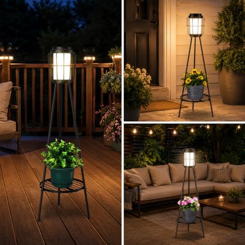 VISFLAIR 2 Pack Solar Lights with Plant Stand, Outdoor Floor Lamps, Waterproof Solar Powered Floor Lamps for Patio Deck Porch Yard Garden Decor - Image 6