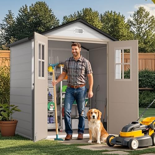 DWVO 6x4.4 FT Outdoor Storage Shed, Plastic Garden Tool Shed with 2 Windows, Double-Wall Outside Shed for Lawn Mower, Garden Shed for Backyard Patio, Lockable, Greige&Gray - Image 4