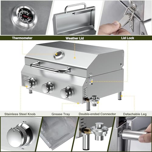 Bestfire 3-Burner Tabletop Propane Gas Grill with Dual Connections, 30,000 BTU Portable Propane Grill Fits Large Cylinders & Small Canisters, Knobs, Compact Design for Camping, RV, BBQ - Image 3
