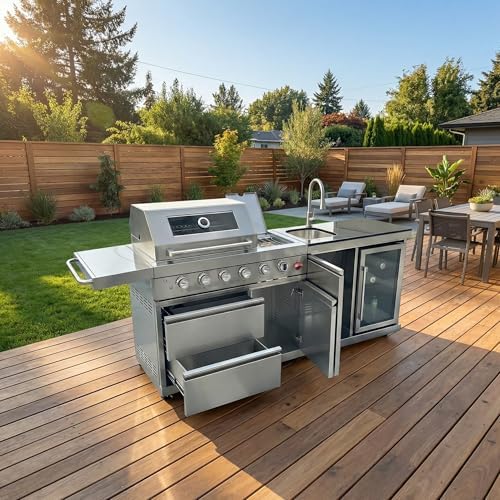 84" Outdoor Kitchen Island with 5-Burner 75,300 BTU Gas Grill,Rotisserie Oven,Mini Wine Fridge,Side Burner,Sink & Side Shelf.Included Natural Gas Converter,Movable BBQ Island for Patio & Backyard. - Image 5