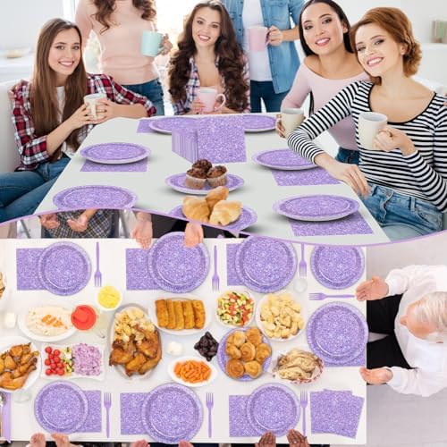 96PCS Purple Glitter Paper Plates and Napkins K-pop Purple Tableware Party Paper Plates Glitter Birthday Disposable Dinnerware Parties Set for Girl Women Sprinkle Wedding Anniversary Party Decorations - Image 6