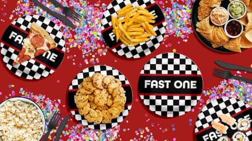 Fast One Racing First Birthday - 32 Piece Disposable Party Supplies - Decorations for Race Car Boy's 1st Birthday Round Party Plates - Large 9" Paper Plates In Bulk - Image 7