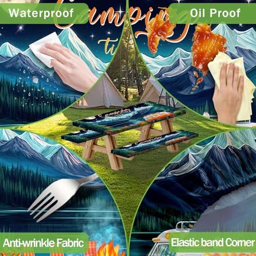 Picnic Table Cover with Bench Covers and Bag, Forest Mountain Lake Fitted Outdoor Table Covers, Camping Essentials, Windproof & Waterproof Tablecloth Cover with Elastic Edge, 3 PCS, 30x72 Inch - Image 5