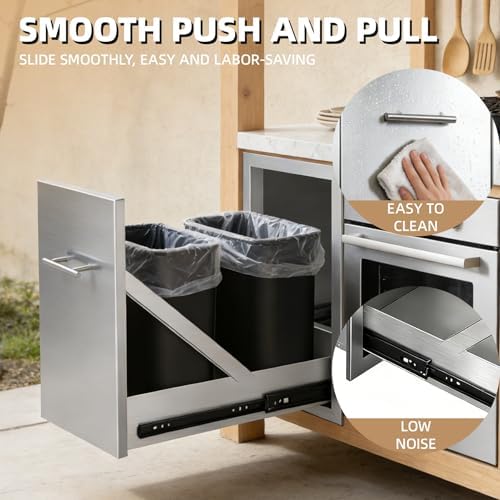 Pull-Out Trash Can Drawer Cabinet 14" x 25.7" x 19.4" Stainless Steel Outdoor Kitchen Trash Cabinet, Flush Mount BBQ Island Trash Drawer for Patios & Grilling Stations - Image 6