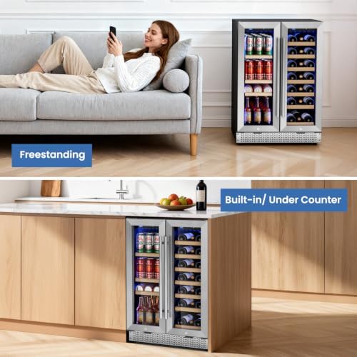 24 Inch Wine and Beverage Refrigerator, 88 Cans and 21 Bottles Dual Zone Wine Fridge with Glass Door Built in or Freestanding, Beverage Cooler for Soda Beer Wine-Kitchen Bar Office - Image 5